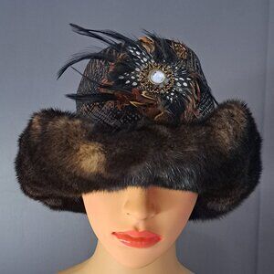 MINK Brim Cowgirl Core Western Hat Feathers Gold Black & Brown Leather Crown